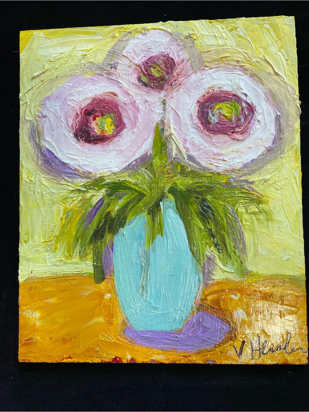 Handmade “Pink Blossoms In Aqua Vase”Acrylic  Original Painting 10x12”  On Wood